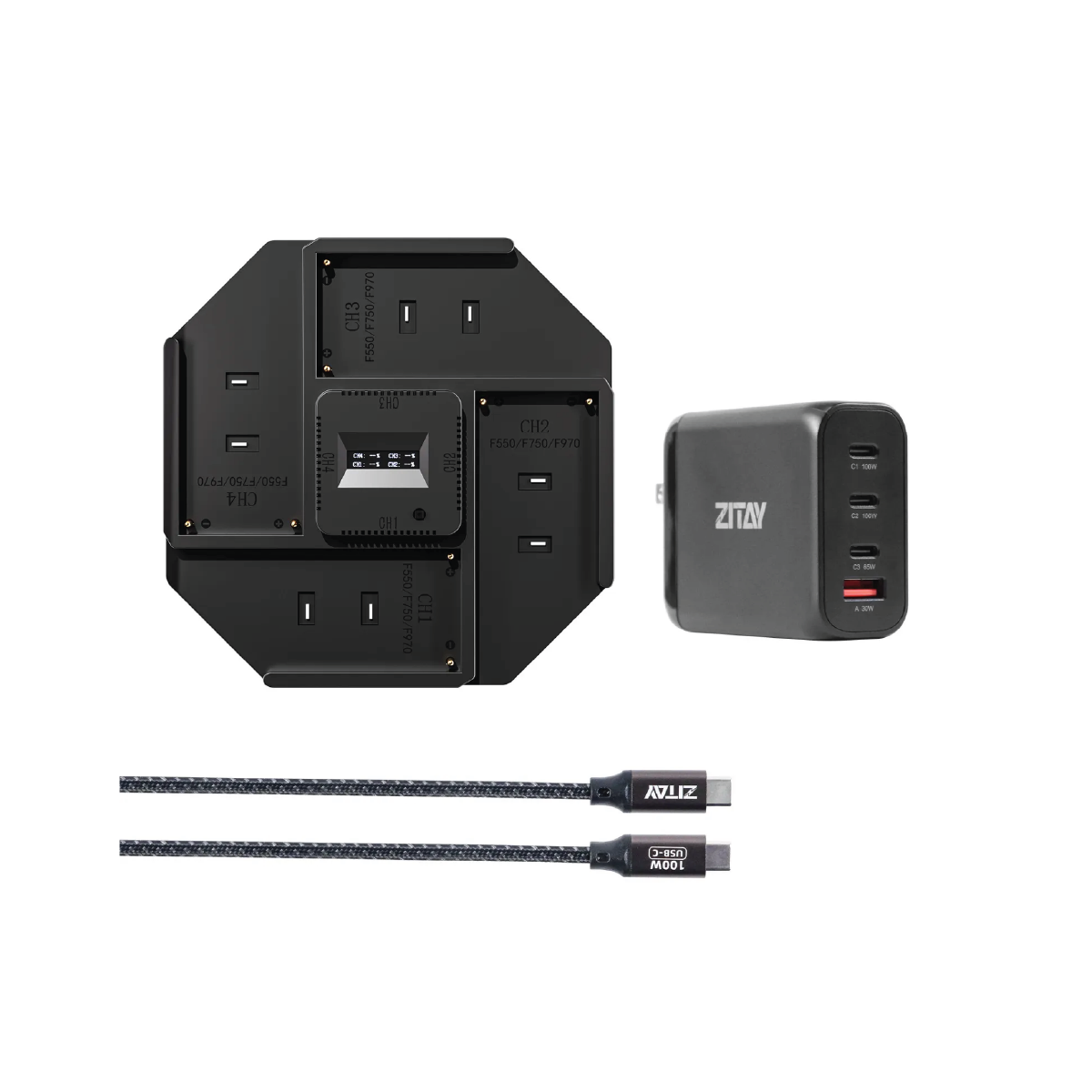 【Zitay】NP-F 4-Channel 100W High Power Battery Charger Fast Quad Charge with PD adaptor